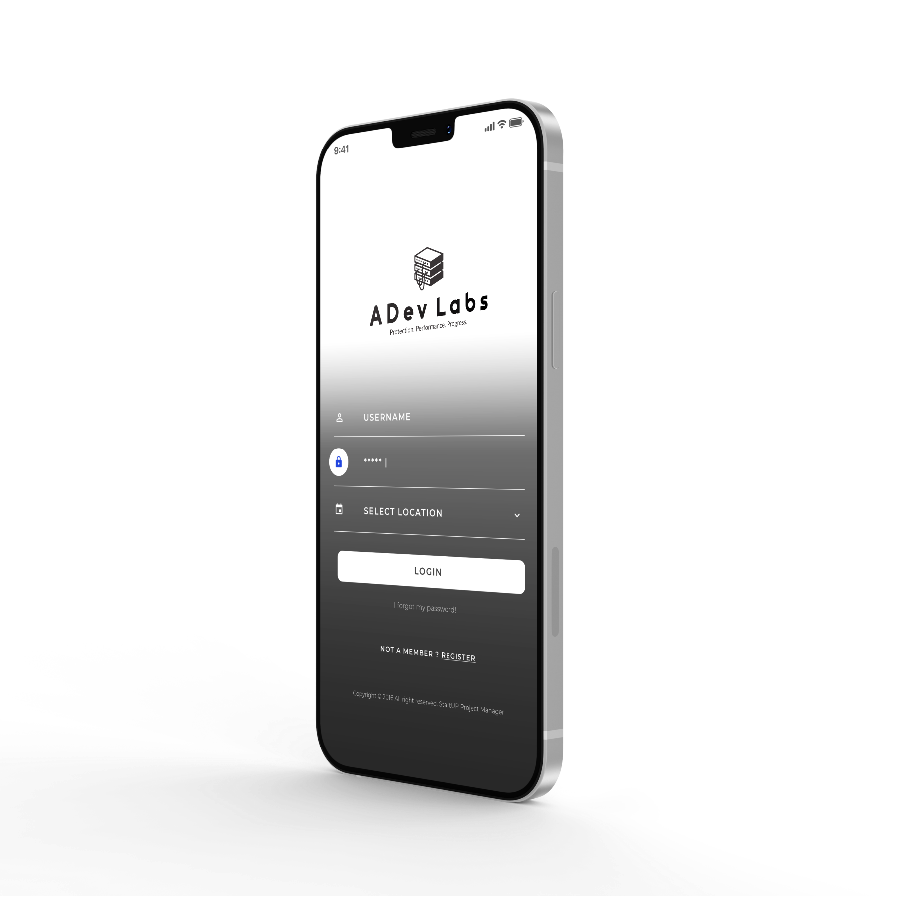 Smartphone mostrando la aplicación móvil de ADev Labs con interfaz de inicio de sesión