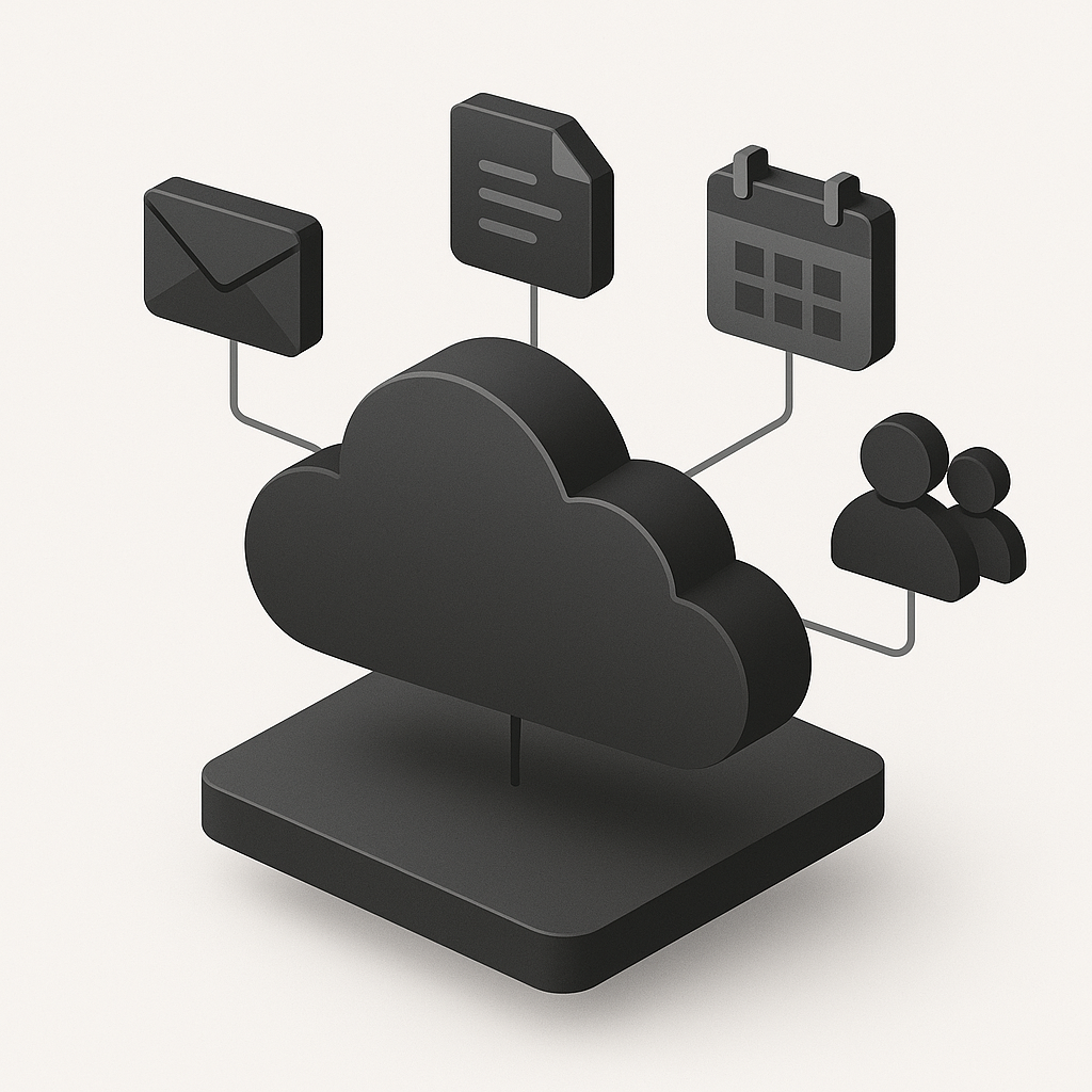 Isometric illustration of cloud servers with Microsoft 365 icons and data synchronization