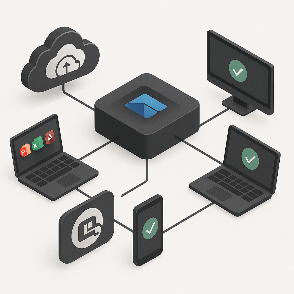 Isometric illustration of endpoint management with laptops, tablets, and mobile devices
