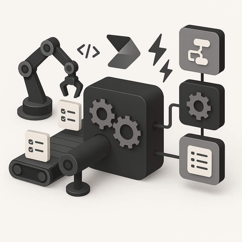 Isometric illustration of business process automation with gears and workflow connections