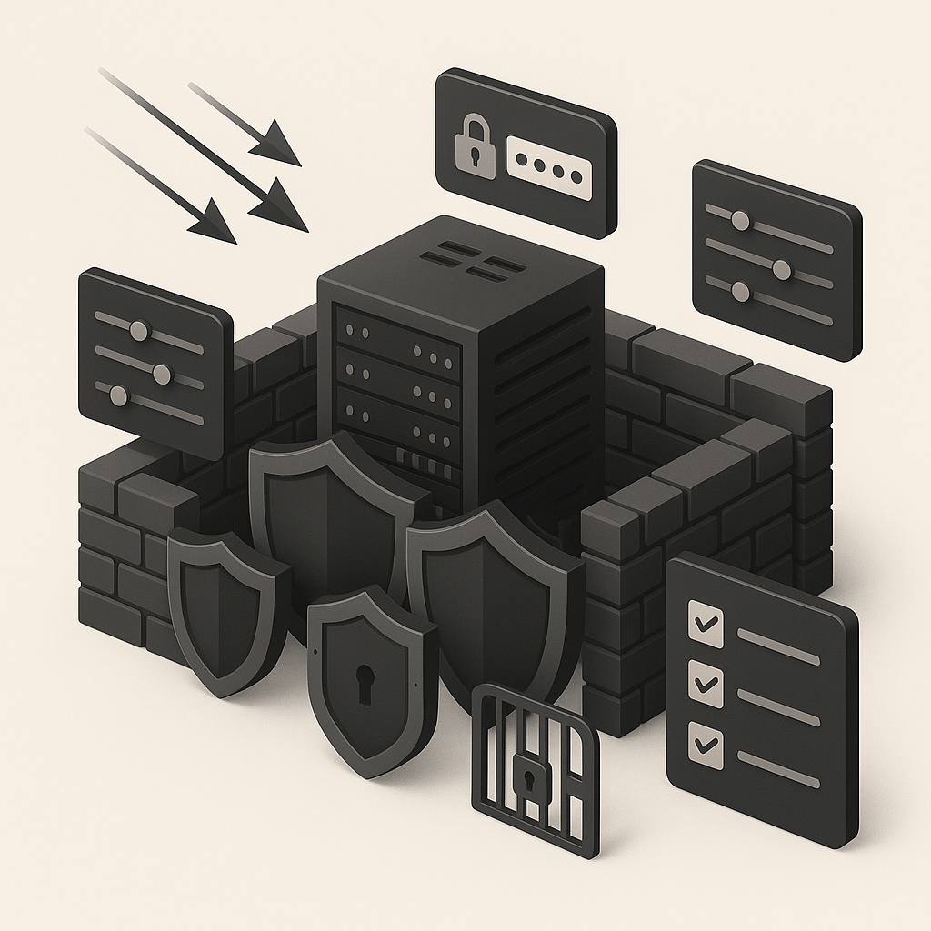Isometric illustration of security hardening with firewall, shields, and protected systems
